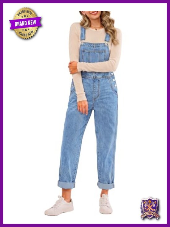 Pants - Stretch Denim Bib Overalls Adjustable Straps Cuffed Hem Casual